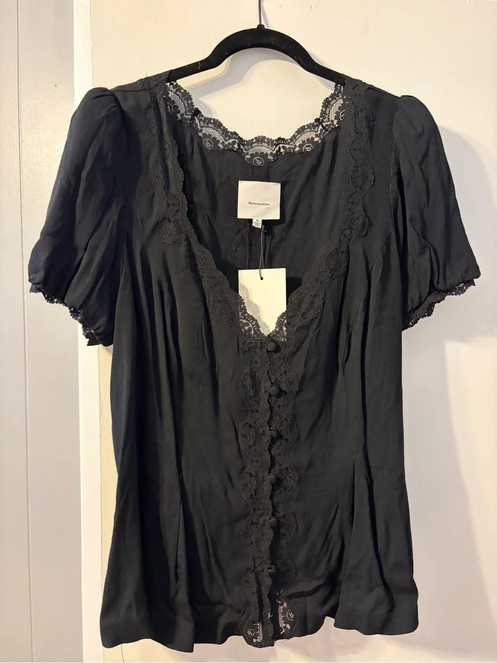 Reformation Black Lace-Trim Puff Sleeve Blouse